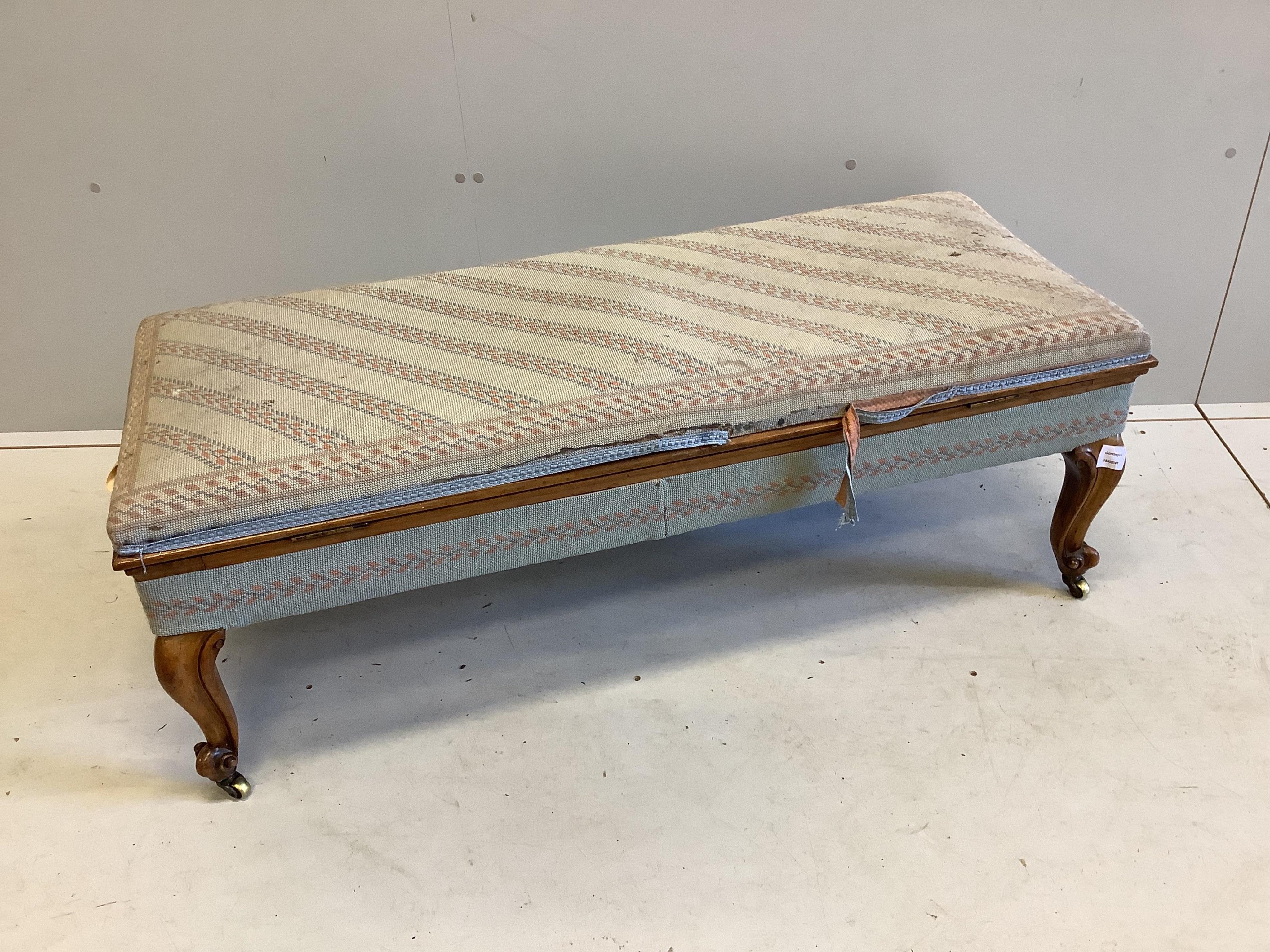 A Victorian rosewood rectangular box seat long stool, width 120cm, depth 48cm, height 44cm. Condition - poor to fair